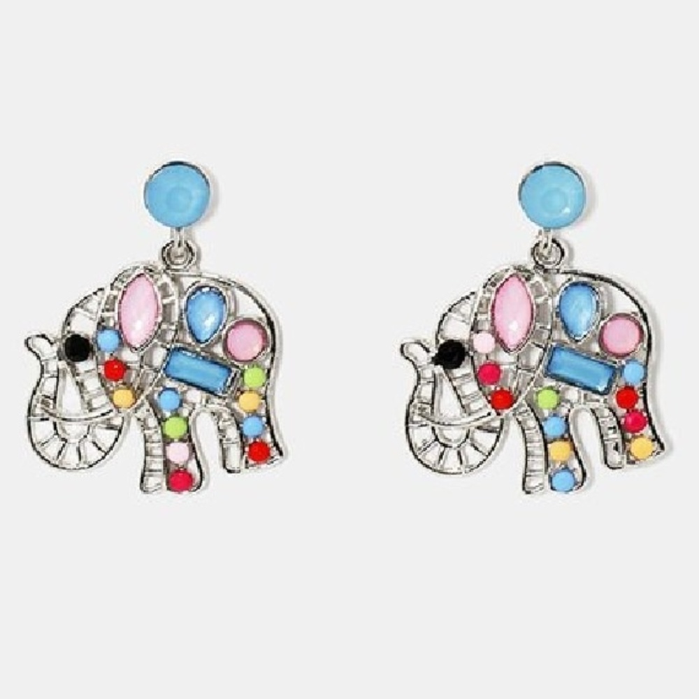 Mosaic Elephant Dangle Earrings Silver Blue